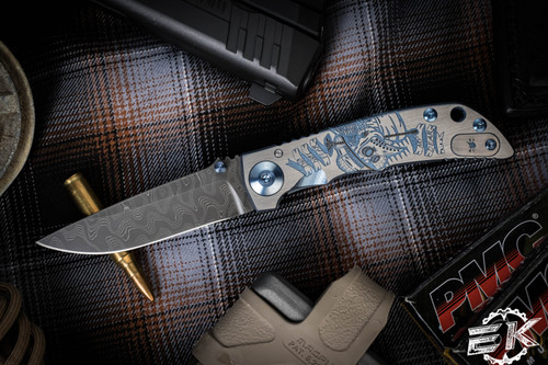 Spartan Blades Harsey Folder "Plague" Custom Engraved Titanium Blue 3.25" Drop Point Damascus