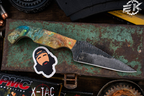 Stroup Knives Bravo 5 Custom Fixed Blade Knife Blue/Green Resin 3.5" 1095 Carved Drop Point w/ Coyote Sheath