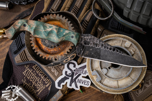 Stroup Knives Bravo 5 Custom Fixed Blade Knife Green Wood 3.5" 1095 Carved Drop Point w/ Black Sheath