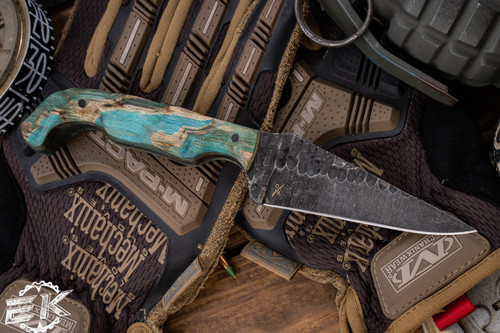 Stroup Knives Bravo 5 Custom Fixed Blade Knife Turquoise Wood 3.5" 1095 Carved Drop Point w/ Black Sheath