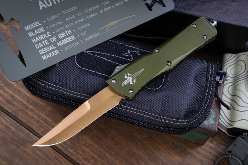 Marfione Combat Troodon Green Aluminum OTF 3.8" Bronze Clip Point