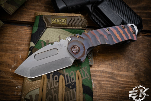 Medford Praetorian "T" Folding Knife Violet w/ Root Beer Sculpted "Tremors" Titanium 3.75" MagnaCut Tumbled Tanto