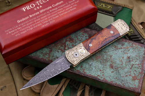 ProTech Ultimate Custom Godson Bronze/Desert Ironwood AUTO Folding Knife 3.15" VF Vines & Roses Damascus Blade 2023.Godson.001