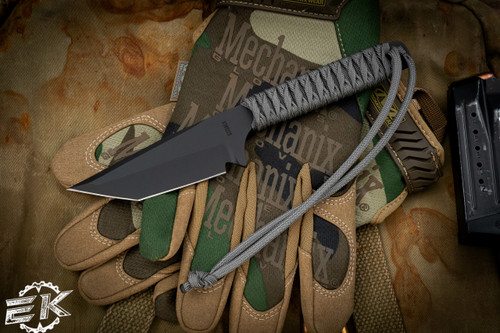 Mick Strider Knives Fixed Blade Knife Grey Cord Wrapped 3.5" Tanto Black
