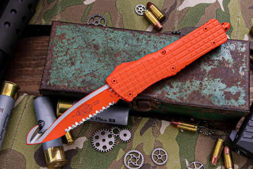 Microtech Combat Troodon Orange Frag Rescue OTF Knife 3.8" Orange Serrated 601-3CORHS