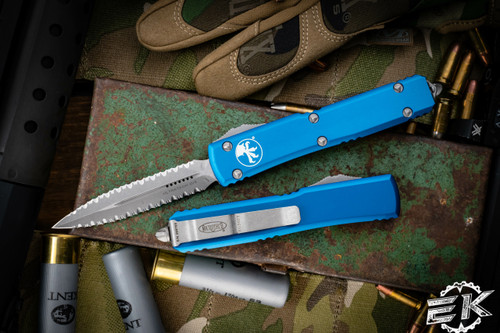 Microtech Ultratech Blue OTF Knife 3.4" Apocalyptic Double Full Serrated 122-D12APBL