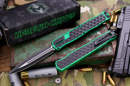 Heretic Knives "Cleric 2" OTF Green Aluminum/Textured Stainless Inlay 4.25" Black Two Tone Black Dagger H020-10A-GRN