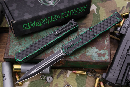 Heretic Knives "Cleric 2" OTF Breakthrough Green Aluminum/Textured Stainless Inlay 4.25" Black Two Tone Black Dagger H020-14A-BRKGRN
