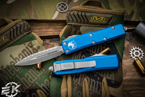 Microtech UTX-85 Blue OTF 3" Dagger Stonewash Apocalyptic Serrated 232-12APBL