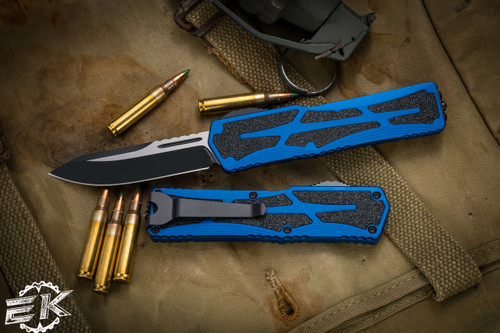 Heretic Knives "Colossus" OTF Blue Aluminum 3.5" Two Tone Black Drop Point H039-10A-BLU