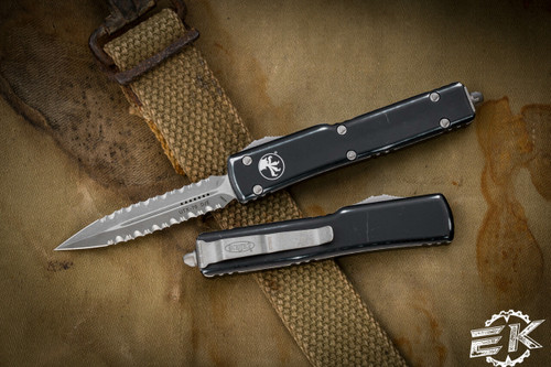 Microtech UTX-70 OTF Automatic Knife Distressed Black 2.4" Dagger Double Full Serrated Stonewash 147-D12DBK