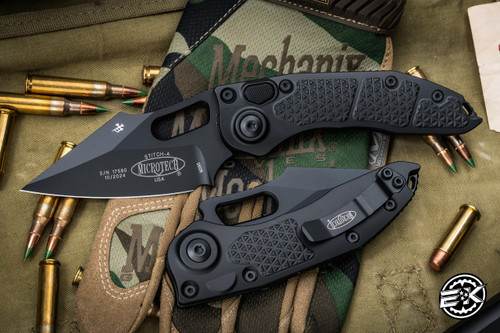 Microtech Stitch Automatic Folding Knife Textured Black Aluminum 3.75" M390 Wharncliffe Black 169-1T