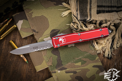 Microtech Ultratech OTF Automatic Knife Distressed Red 3.4" Drop Point Serrated Stonewash 121-11DRD