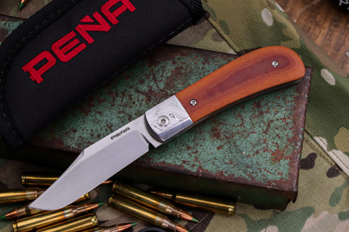 Enrique Pena Custom Lannys Clip Brown Micarta, Damasteel Bolster 2.75" Hand Rubbed 