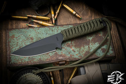 Mick Strider Knives Fixed Blade OD Green Wrapped 3.75" Drop Point Black