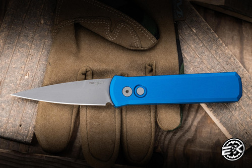 ProTech Godson Automatic Folding Knife Blue Aluminum 3.15" 154CM Spear Point  Bead Blast 720-BLUE
