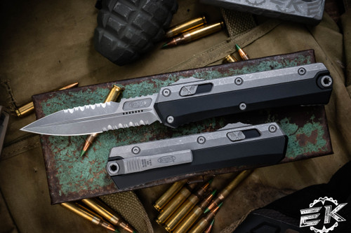 Microtech "Glykon" OTF Knife Aluminum/Titanium 3.75" Bayonet Serrated Apocalyptic Stonewash 184-12AP
