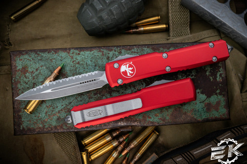 Microtech Ultratech OTF Automatic Knife Red 3.4" Dagger Apocalyptic Stonewash Serrated 122-12APRD