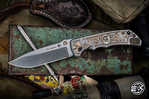 Spartan Blades SHF Harsey Folder Flourishes Engraved Titanium 4" MagnaCut Stonewash