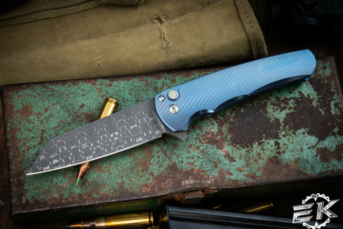 ProTech Malibu Custom Titanium Knife Blue 3.25" Razor Wire Damascus Reverse Tanto  2023.008