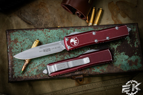 Microtech UTX-85 OTF Automatic Knife Distressed Merlot Red 3.1" Drop Point Stonewash 231-10DMR