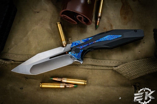 Arcane Design/Isham Bladeworks "The Plexus" Folding Knife PVD Titanium Zircuti Accents 3.6" Japanese Tanto Satin