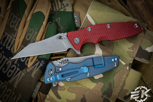 Rick Hinderer Knives EKlipse Flipper Red G10 3.5" Wharncliffe Battle Blue