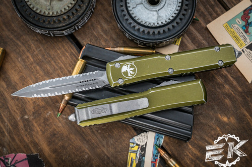 Microtech Ultratech OTF Auto Knife Distressed OD Green 3.4" Dagger Double Full Serrated 122-D12DOD