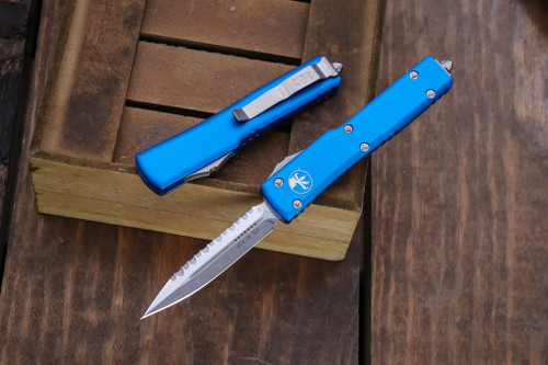 Microtech UTX-70 OTF Automatic Knife Blue 2.4" Dagger Serrated Stonewash 147-12BL