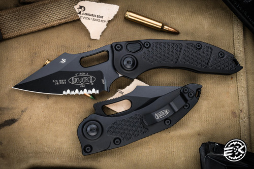 Microtech/Borka Blades Stitch Automatic Folding Knife Textured Aluminum 3.75" M390 Spear Point Black Serrated 169-2T