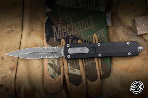 Microtech Dirac Delta OTF Automatic Knife Black Aluminum 3.75" M390 Dagger Stonewash Apocalyptic Part-Serrated 227-11AP