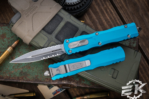 Microtech Dirac OTF Automatic Knife Turquoise 3" Dagger Stonewash Serrated 225-11TQ