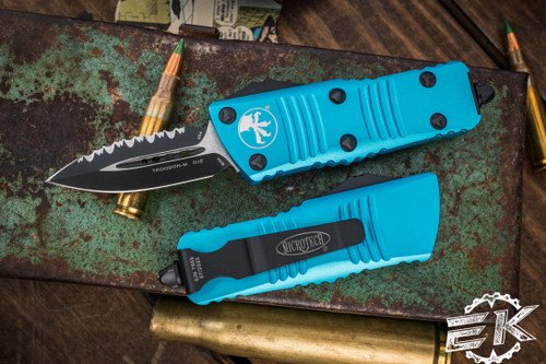 Microtech Troodon Mini OTF Automatic Knife Turquoise 1.9" Dagger Serrated Black (Cali-Legal) 238-3TQ