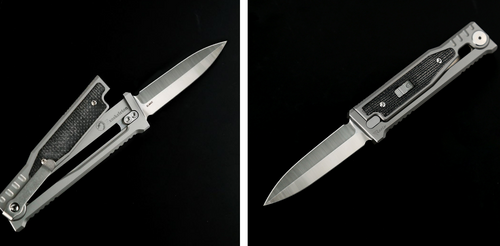 Reate EXO-M OTF Gravity Knife Titanium/Black Micarta 2.95" Double Edge Satin