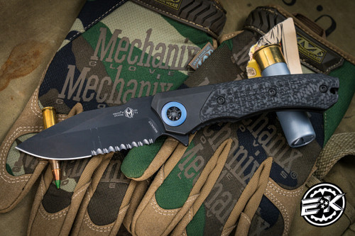 Heretic Knives "Wraith" Manual V3 Flipper Carbon Fiber/Titanium 3.6" DLC Drop Point Serrated H001-6B-BLUTI (Preowned)