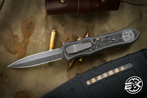  Hawk Knives Deadlock Model C Titanium/Gold Fat Carbon Inlay 3.5" Blasted Dagger Magnacut