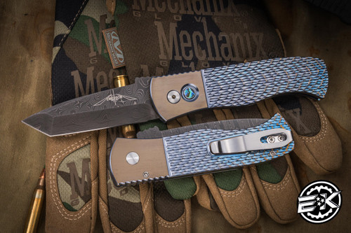 ProTech Emerson Custom CQC7 Automatic Folding Knife Blue/Gold Jigged Titanium 3.25" Tanto Damascus  2023.001