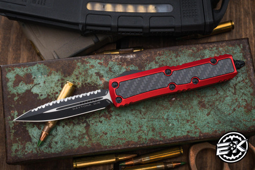 Microtech Daytona OTF Automatic Knife Red/Carbon Fiber Inlay 3.1" Dagger Black Serrated 126-3RDCFIS
