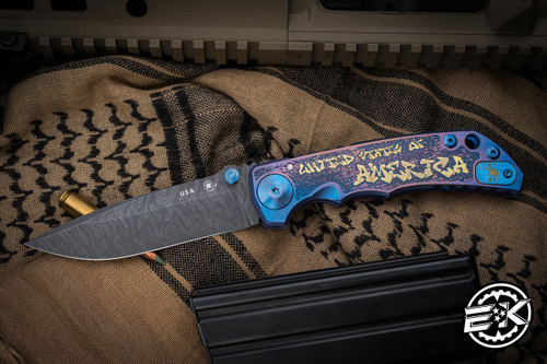 Spartan Blades Custom SHF Harsey Folding Knife Blue USA "Graffiti" Titanium 4" Damascus