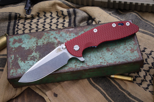 Rick Hinderer Knives XM-18 3.5" Spearpoint Knife Red G10, Stonewash Blue 