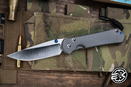 Chris Reeve Knives Large Sebenza 31 Folding Knife Sandblasted Titanium, Blue Accents 3.6" MagnaCut Drop Point Polished L31-1014