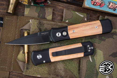 ProTech Godson Automatic Knife Black Aluminum w/ Olive Wood Inlays 3.15" Spear Point DLC  707-Olive