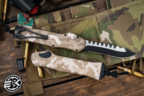 Heretic Knives Hydra OTF Automatic Knife Tan Camo 3.6" Recurve Two-Tone Serrated  H008-10B-TCAMO