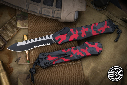 Heretic Knives Hydra V3 OTF Automatic Knife Red Camo 3.6" Recurve Two-Tone Serrated H008-10B-RCAMO