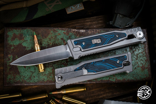 Reate EXO-M G10 Blue/Black OTF Knife Titanium 2.95" Double Edge Satin