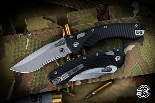 Microtech Amphibian Ram-LOK Folding Knife Fluted Black Aluminum 3.9" Stonewash Serrated 137RL-11FL 