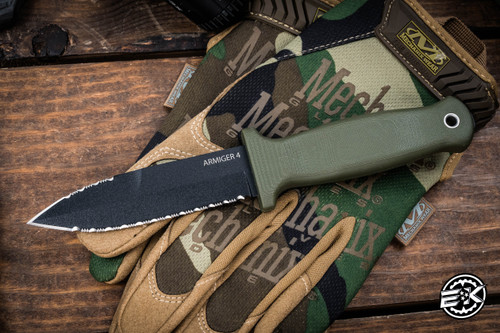 Demko Knives Armiger 4 Fixed Blade Knife OD Green 4.2" Spear Point Serrated Black