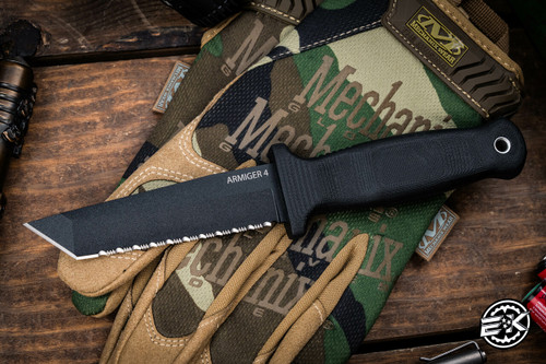 Demko Knives Armiger 4 Fixed Blade Knife Black 4.2" Tanto Serrated Black