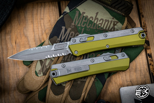  Microtech "Glykon" OD Green OTF Knife Aluminum/Titanium 3.75" Bayonet Serrated Apocalyptic Stonewash 184-12APOD