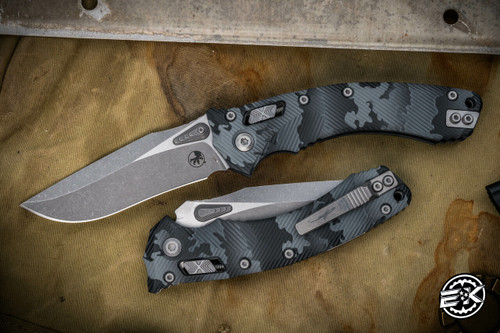 Microtech Amphibian Ram-LOK Folding Knife Urban Camo Fluted Aluminum 3.9" Apocalyptic Stonewash 137RL-10APFLUCS